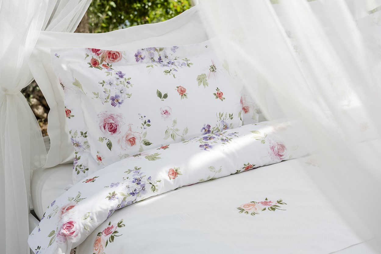 Baskılı Nevresim+Yastık Kılıfı Çift Kişilik Rosalin Beyaz