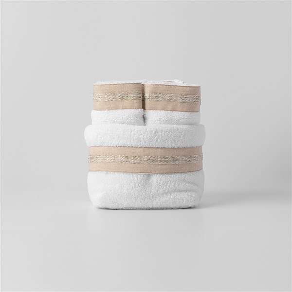 Keten Bordürlü Kese + 4 El Havlusu Beyaz