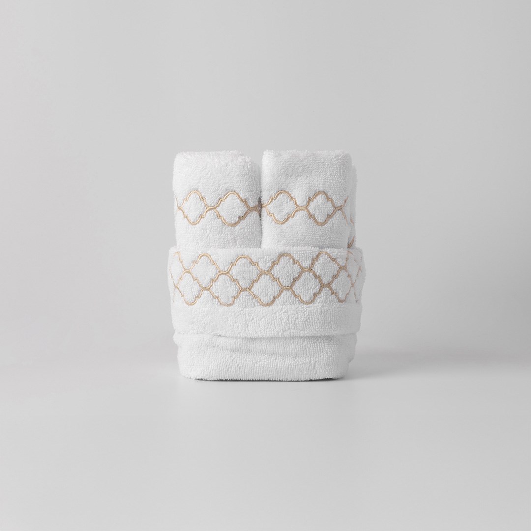 Nakışlı Geometri Kese + 4 El Havlusu By Taş Rengi