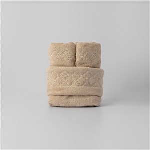 Nakışlı Geometri Kese + 4 El Havlusu Taş Rengi