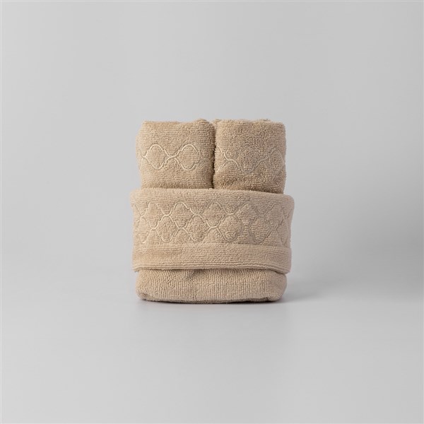 Nakışlı Geometri Kese + 4 El Havlusu Taş Rengi