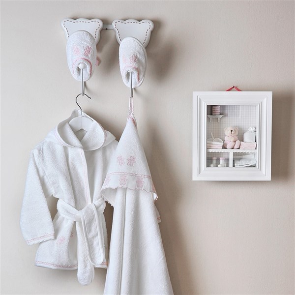 Baby Bathrobe+Slippers Ayıcıklı Kanaviçe White-Pink