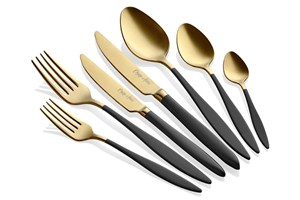 Duna 42 Pieces Black Handle Matte Titanium Gold Cutlery Set CACT42DUBLKGT