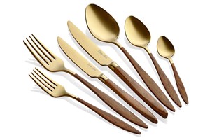 Duna 42 Pieces Wooden Handle Matte Titanium Gold Cutlery Set CACT42DULEGGT