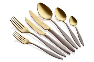 Duna 42 Pieces Khaki Handle Matte Titanium Gold Cutlery Set CACT42DUHKHKGT