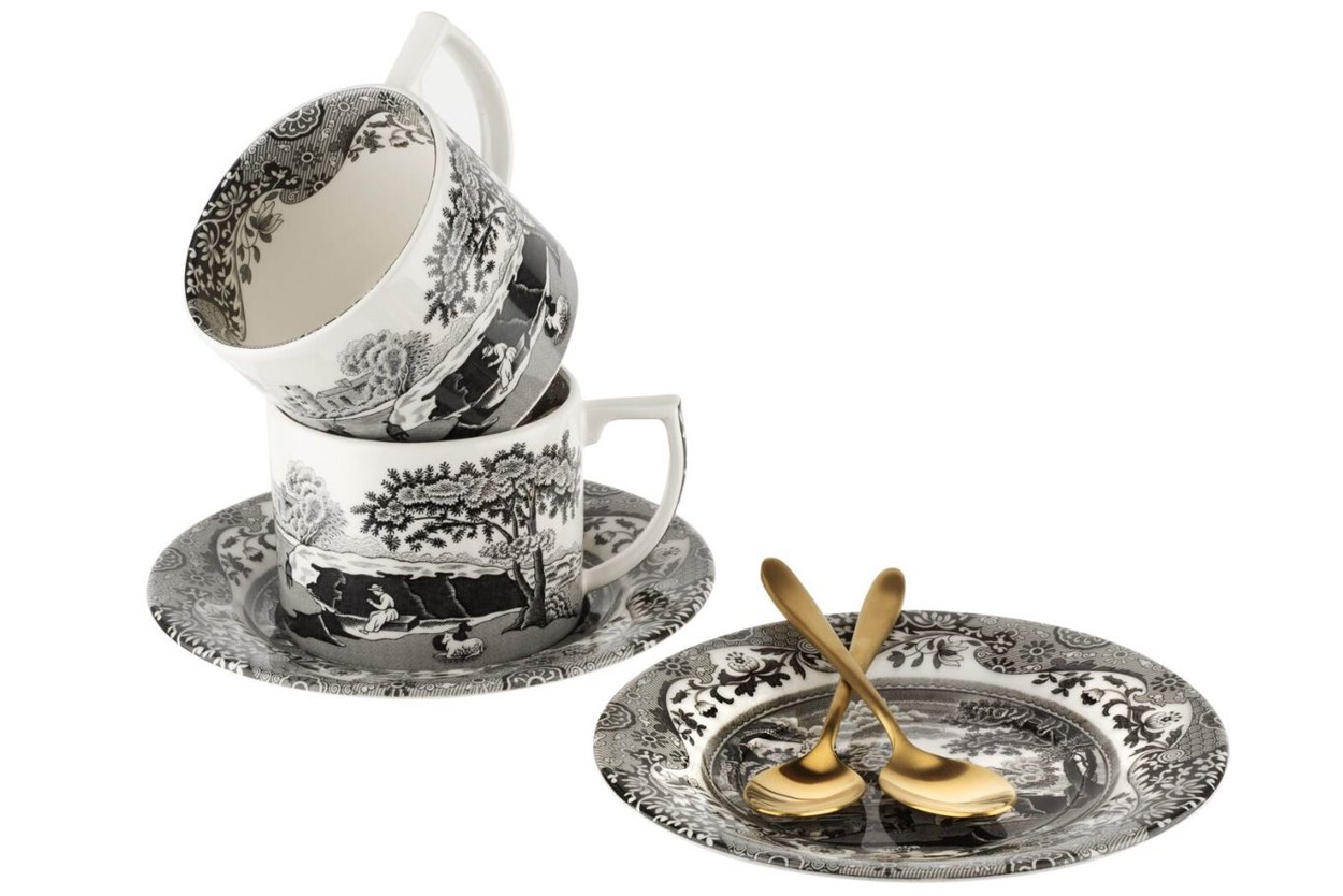 Spode Black Italian Teacups Ltd Edition Brand New Saucers  & Spoons Set of 2 