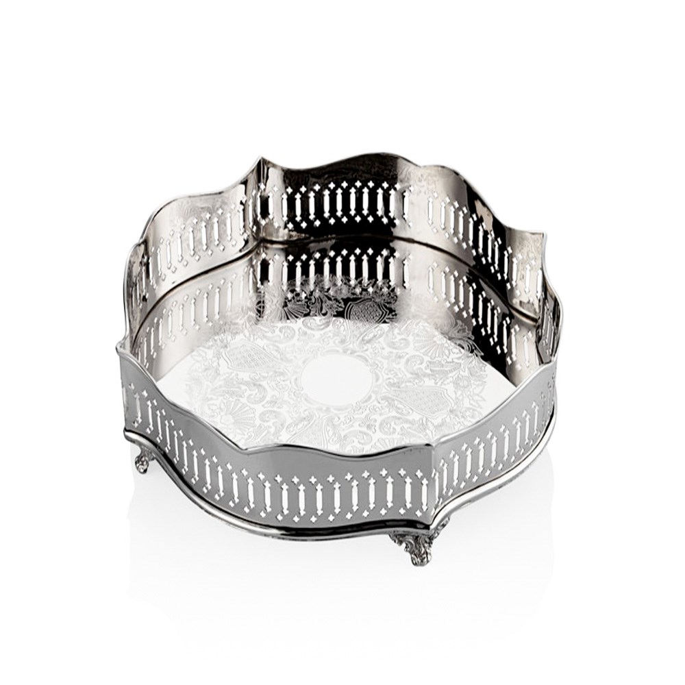 Jaalı Yuvarlak Gümüş Yüksek Tepsi 34x34x10 cm 1MG-8976 